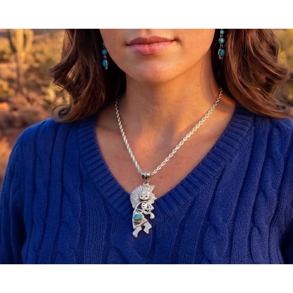 Navajo Kokopelli Sterling Silver Pendant Thick Heavy Rope Necklace Turquoise**